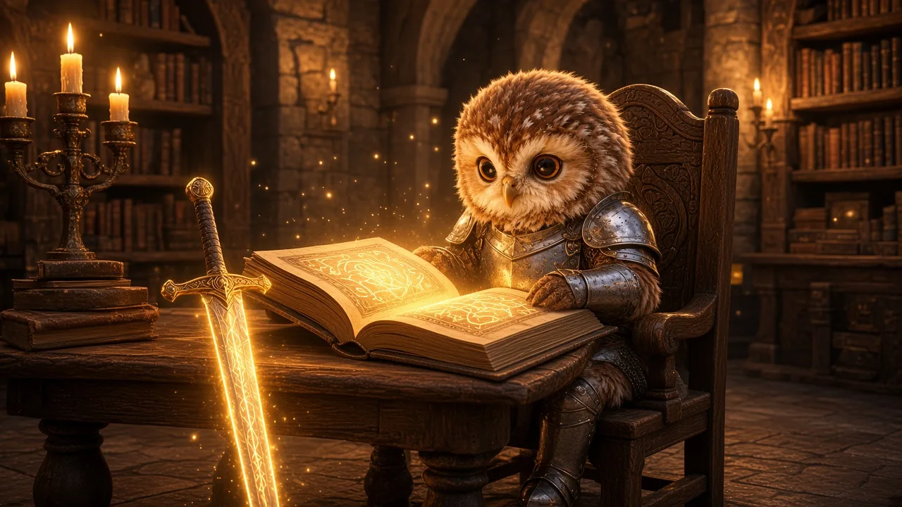The owl knight reading a glowing rune book in a candlelit library